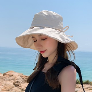 หมวกชายหาดสตรีสีทึบปรับโบว์ได้