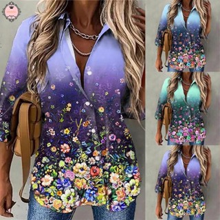 Women Autumn Winter Floral Print Long Sleeve Sexy Lapel Button Shirt  Blouse