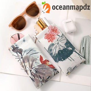 Oceanmapdz เคสแว่นตา ปิดเอง, ภาพวาดหมึกจีน หนัง PU, Kawaii กระเป๋าแว่นกันแดด ความจุขนาดใหญ่ ใบบัว ตัวผู้