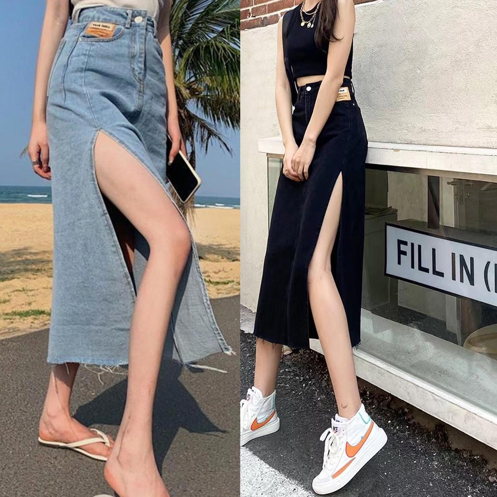 MIMI&DID*พร้อมส่ง*เอวสูงกระโปรงยีนส์ผ่าข้างทรงเอ สไตล์วินเทจ แหวกข้างโชว์เซ็กซี่อออกแนวหวานๆ สไตล์เกาหลี J7003