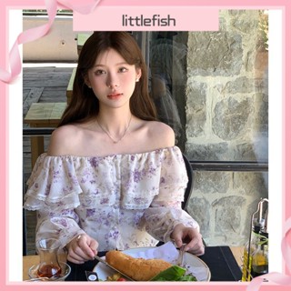 [littlefish] เสื้อเชิ้ตแขนยาว เปิดไหล่ข้างเดียว ลายดอกไม้ ลูกไม้ สไตล์ฝรั่งเศสย้อนยุค หรูหรา เหมาะกับฤดูร้อน สําหรับผู้หญิง 2023