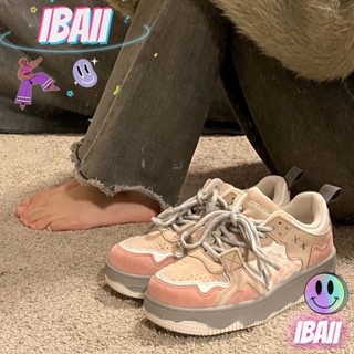 IBAII.  ใหม่สีบล็อกเค้กฟองน้ำรองเท้าผ้าใบพื้นหนาหัวกลมผูกเชือกรองเท้าผ้าใบลำลองนักเรียน