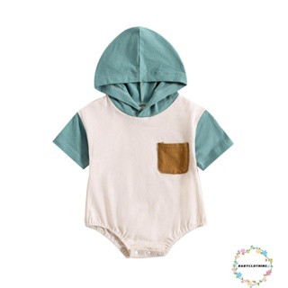 Babyclothes- ชุดจั๊มสูทรอมเปอร์ แขนสั้น มีฮู้ด แต่งกระเป๋าหน้าอก สีตัดกัน ฤดูร้อน สําหรับเด็กผู้ชาย และเด็กผู้หญิง