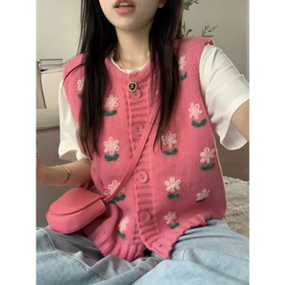 เสื้อกั๊กแจ็กเก็ตสั้น ผ้าถัก ลายกระโหลกน่ารัก สีชมพู สําหรับผู้หญิง