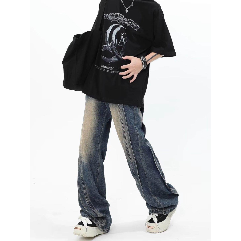 MNO.9 JEANS 8855 กางเกงยีนส์ชาย ทรงกระบอกหลวม วินเทจ แต่งผ้าต่อ - รูปที่ 5