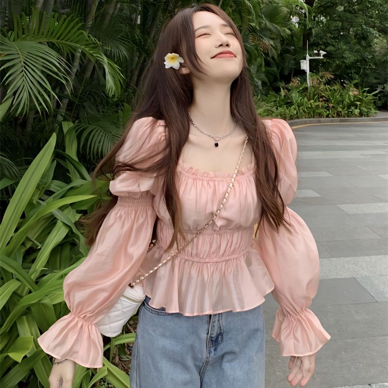 Micki-แขนยาว  คอเสื้อทรงสี่เหลี่ยมฝรั่งเศส สีทึบแขนยาว  น่ารัก เวอร์ชั่นเกาหลี มีสไตล์และเซ็กซี่ อาวุโส ย้อน ยุคแขนยาว