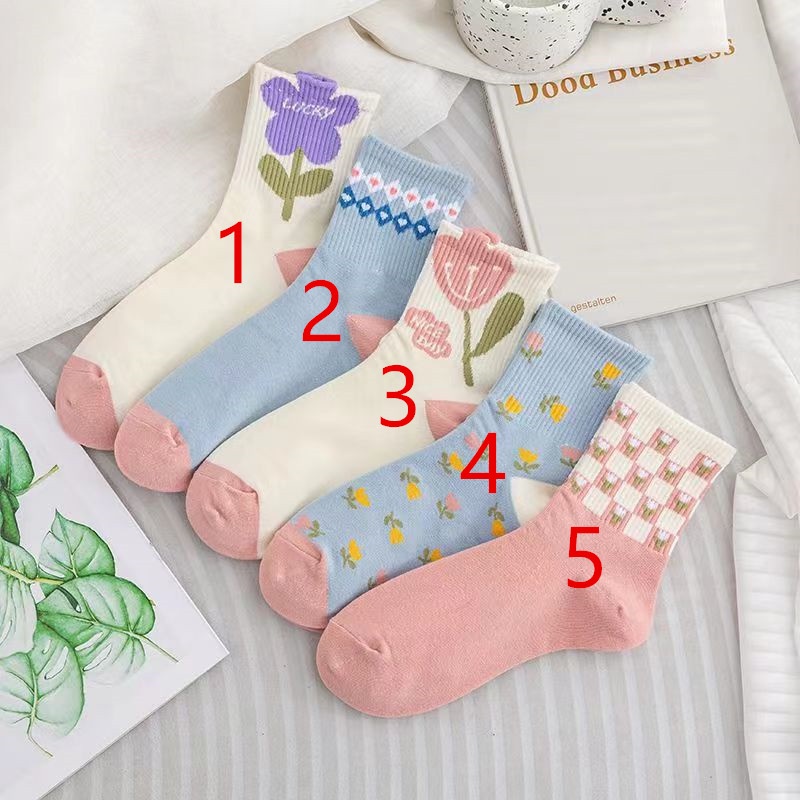 ถุงเท้าข้อกลาง ลายดอกไม้ สีชมพู สไตล์เกาหลี ญี่ปุ่น สําหรับผู้หญิง ราคา ถูกที่สุด ดีลบีเคเค แกลเลอรีภาพที่ 5