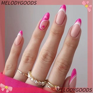 MELODG เล็บปลอม ลายดอกไม้ ผีเสื้อ สีชมพู หัวใจ อัลมอนด์ DIY 24 ชิ้น