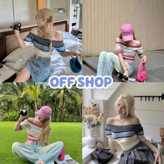 OFF SHOP พร้อมส่ง (OFF-V58) เสื้อไหมพรม ดีเทลลายทาง เปิดไหล่แขนสั้น