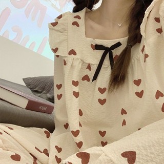 Ins หวานรักหัวใจชุดนอนผู้หญิงฤดูร้อนเร้าใจโบว์ใหม่แขนยาวหอพัก Homewear สูท
