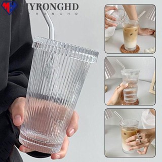 Myronghd แก้วกาแฟ นม แบบเรียบง่าย พร้อมฝาปิด และหลอดดูด ลายทางใส