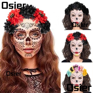 Osier1 ที่คาดผมมงกุฎดอกกุหลาบเม็กซิกัน สีดํา เครื่องแต่งกายคอสเพลย์ ฮาโลวีน ปาร์ตี้ ดอกไม้ หูฟังผู้หญิง