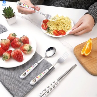 Crayon Small New Stainless Steel Spoon Fork Chopsticks Tableware Set Imitation Ceramic Student Portable Tableware Set Of Three 【bluey】