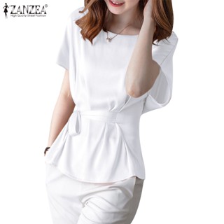 Zanzea เสื้อเบลาส์ คอกลม แขนสั้น สีพื้น หรูหรา สไตล์เกาหลี สําหรับผู้หญิง