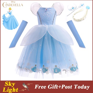 Disney Princess Cinderella ชุดเดรสคอสเพลย์ ผ้าตาข่าย สีฟ้า สําหรับเด็ก ปาร์ตี้ฮาโลวีน คริสต์มาส