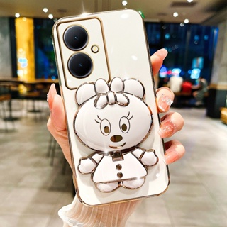 เคสโทรศัพท์มือถือนิ่ม ลายการ์ตูนน่ารัก พร้อมขาตั้งกระจก และสร้อยข้อมือ สําหรับ VIVO Y78 Y36 Y27 Y02 Y02T Y02A V27 V27e V25e V25 Pro 5G 4G