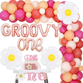 Groovy ป้ายแบนเนอร์ ลายดอกเดซี่ สีชมพู และแอปริคอท สไตล์โบโฮ สําหรับตกแต่งเค้กวันเกิด ปาร์ตี้ปีที่ 1