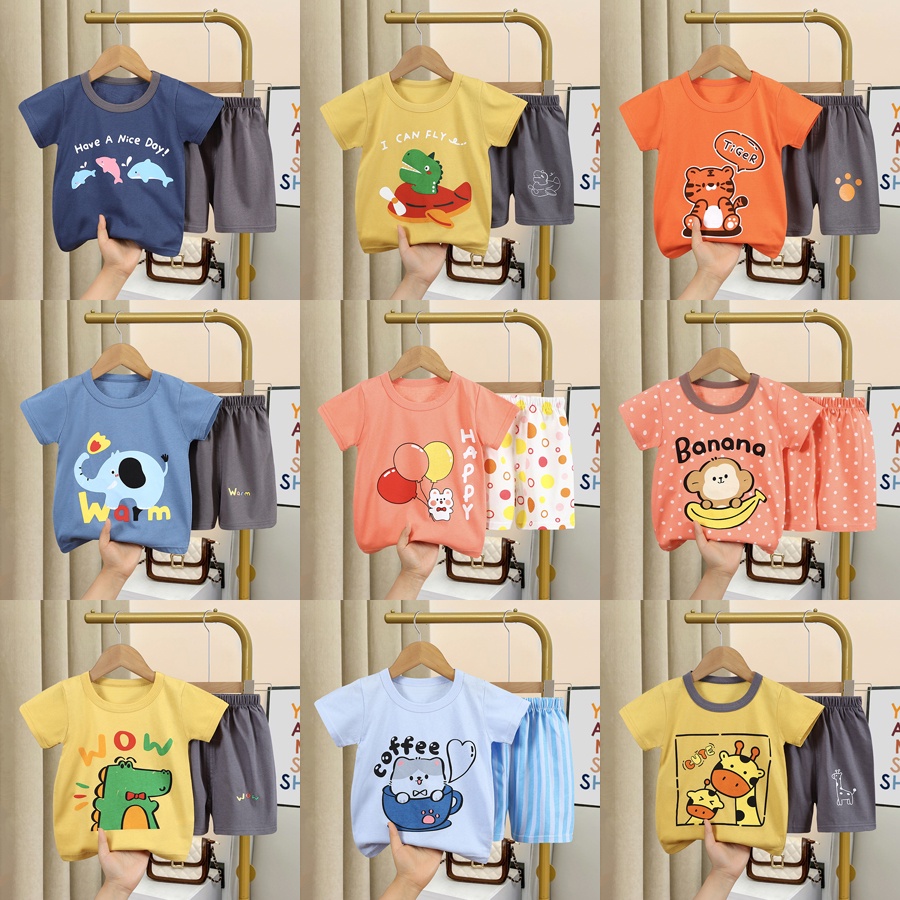 90-130เสื้อผ้าเด็ก ชุดเซทเสื้อแขนสั้น กางเกงขาสั้น ชุดเด็กลายการ์ตูน น่ารักๆ ผ้าcotton เหมาะ6-9-12เดือน 1ขวบ 2ขวบ 3ขวบ 4ขวบ 5ขวบ