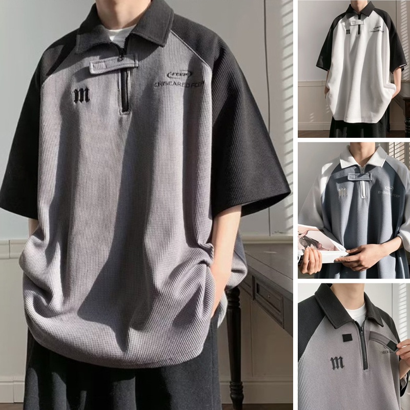 เสื้อโปโล คอปก แขนห้าส่วน ทรงหลวม สไตล์ฮ่องกง มีซิป สําหรับผู้ชาย SLC172