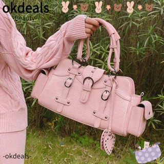 Okdeals กระเป๋าสะพายไหล่ หนัง Pu ทรงโท้ท แต่งซิป ลายหัวใจ สีชมพู สไตล์วินเทจ มินิมอล สําหรับสตรี