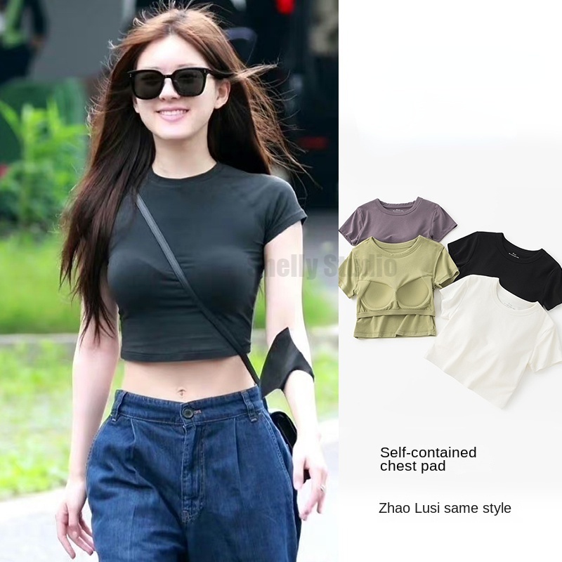 พร้อมส่ง เสื้อยืดลําลอง คอกลม แขนสั้น เสริมฟองน้ํา ระบายอากาศ สําหรับสตรี ไซซ์ S-XL