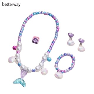 Betterway ชุดเครื่องประดับสร้อยคอ สร้อยข้อมือ แหวน ต่างหู รูปเปลือกหอย นางเงือก สวยหรู สําหรับเด็กผู้หญิง 5 ชิ้น