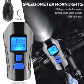 USB Rechargeable LED Bike Front Light Headlight Horn Bell Odometer Set