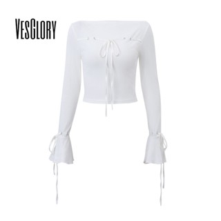 Vesglory เสื้อครอปท็อป คอกลม แขนบาน เข้ารูป สีพื้น แฟชั่นสําหรับผู้หญิง 2023