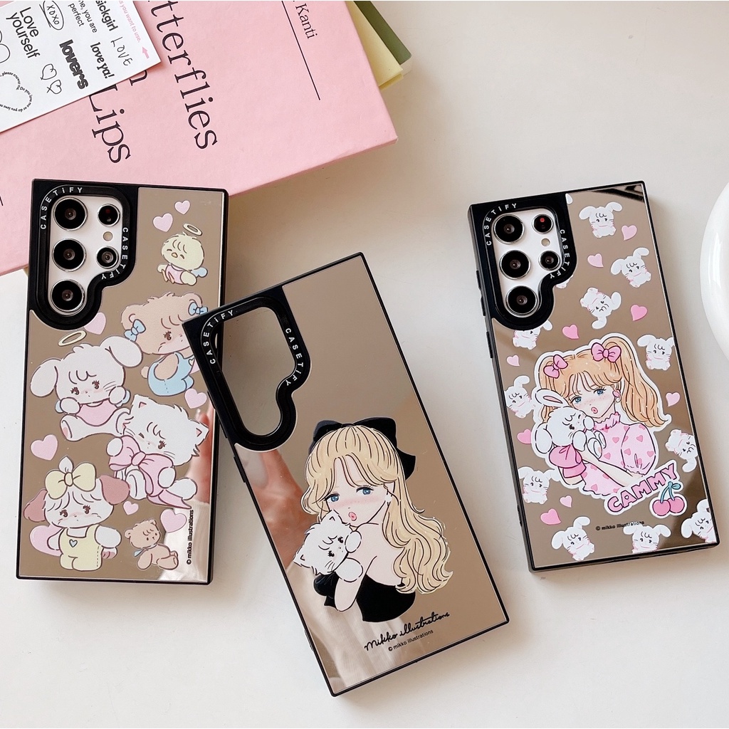Mikko ภาพประกอบสาวกระจกแมว Hard เคสโทรศัพท์สําหรับ Samsung Galaxy S23 S24 S25 Ultra