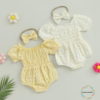 Babyclothes- ชุดรอมเปอร์ บอดี้สูท แขนสั้น เปิดไหล่ พร้อมที่คาดผม ประดับโบว์ ฤดูร้อน สําหรับเด็กผู้หญิง