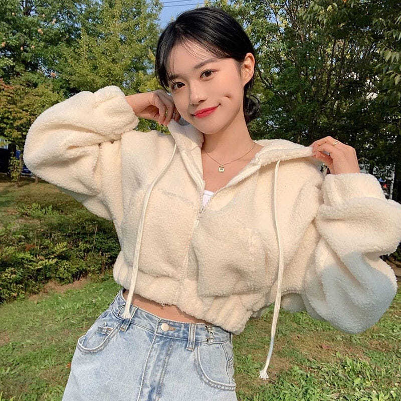 Xiao2 เสื้อแจ็กเก็ตกันหนาว ผ้ากํามะหยี่ขนนิ่ม มีฮู้ด ลดอายุ แต่งซิป ขนาดเล็ก สีพื้น แฟชั่นฤดูใบไม้ร่วง ฤดูหนาว สําหรับผู้หญิง MC Q7HX