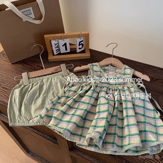 2023 girls summer plaid suit Green fresh yarn-dyed plaid doll shirt vest skirt shorts two-piece GVRB