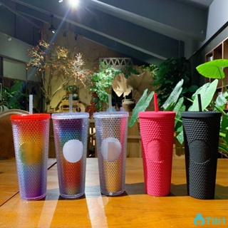 Durian Series ถ้วยกาแฟถ้วยน้ำแบบใช้ซ้ำได้ Laser Diamond Straw Cup Double Layer Plastic Beverage Cup For Party 710ml/24oz TH1