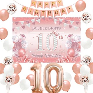 ป้ายแบนเนอร์ ลาย Happy Gold ตัวเลข 10 ฟอยล์ 10 10 สีโรสโกลด์ สําหรับตกแต่งวันเกิด ครบรอบ 10 ปี