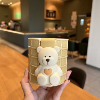 [ฟรีที่ระบายน้ําชา] Starbucks แก้วกาแฟเซรามิค รูปหมี วาฟเฟิล น่ารัก คุณภาพสูง