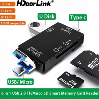 Hdoorlink 6 in 1 อะแดปเตอร์การ์ดรีดเดอร์ OTG SD Type-C USB2.0 TF