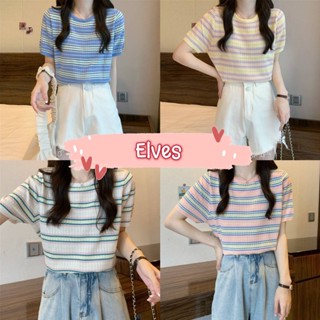 Elves✨พร้อมส่ง✨เสื้อคอกลมไหมพรมแขนสั้น ดีเทลลายสีพาสเทลน่ารัก ~47212~