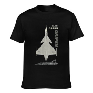 เสื้อยืดแขนสั้นคอกลมเสื้อยืด ผ้าฝ้าย พิมพ์ลาย Flyingraphics Aviation Themed Saab Jas 39 Gripen สําหรับผู้ชายCotton 100%