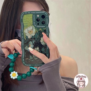 เคสโทรศัพท์มือถือ TPU นิ่ม ปิดด้านหลัง กันเหงื่อ ลายภาพวาดสีน้ํามัน รูปกราไฟท์ ดอกไม้ สีเขียว สีขาว สไตล์เรโทร สําหรับ IP 14 Pro Max IP 11 12 11 Pro Max X XS