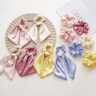 ผ้าพันคอริบบิ้น ประดับโบว์ แบบยืดหยุ่น สีพื้น สําหรับทําผมหางม้า DIY