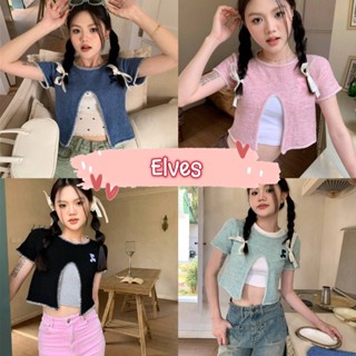 Elves✨พร้อมส่ง✨ เสื้อแขนสั้นถักไหมพรม คอกลม ดีเทลเว้าเอวตรงกลางเก๋ๆ ~9A111~ -C