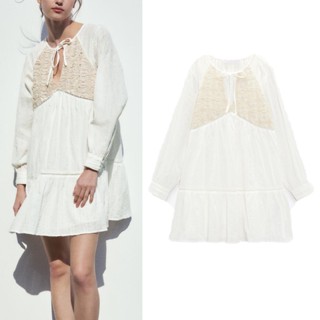 Zara ใหม่ ชุดเดรสถักโครเชต์ แขนยาว สีขาว ปักลายลูกไม้ แฟชั่นฤดูร้อน 8351022