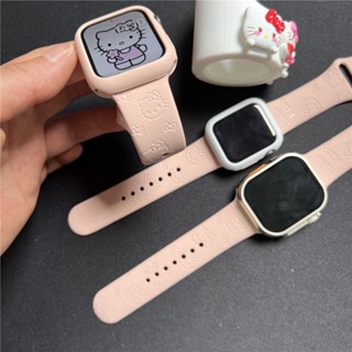 For Watch Ultra 49mm Hello Kitty Embossed Silicone Strap+TPU Case for iWatch S8 7 SE 6 5 4 3 2 (49mm 45mm 44mm 41mm 40mm