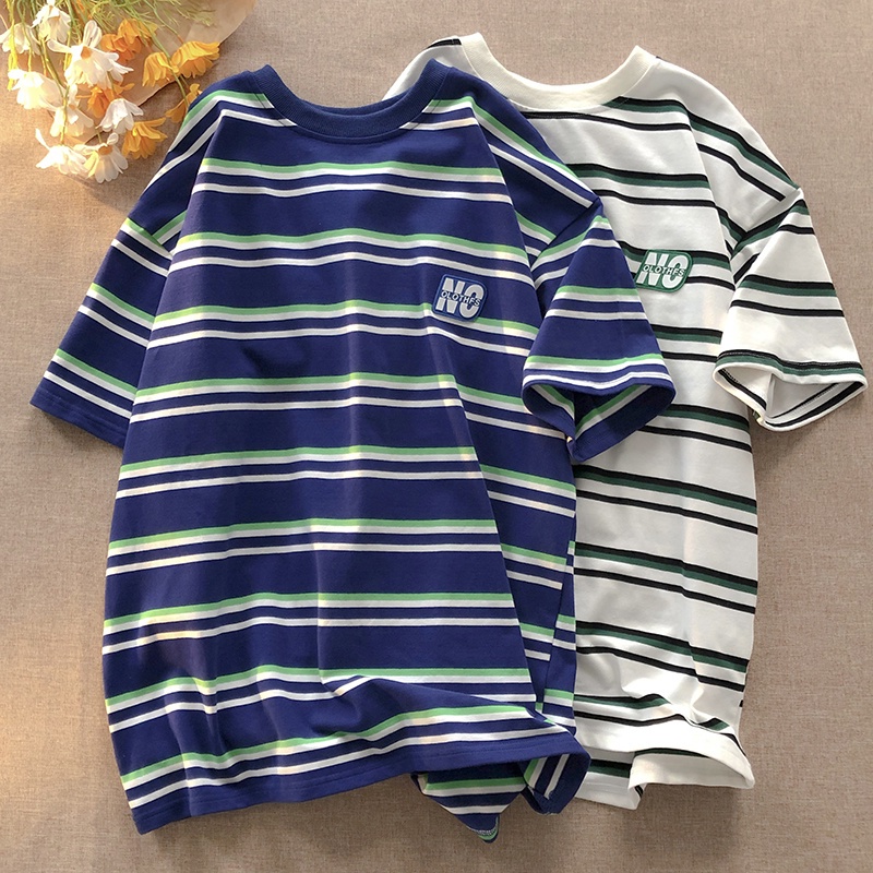 เสื้อยืดลําลอง คอกลม แขนสั้น ลายทาง ทรงหลวม แฟชั่นฤดูร้อน สไตล์เรโทร สําหรับสตรี คู่รัก