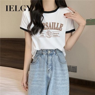 IELGY เสื้อยืดแขนสั้น ทรงหลวม สีตัดกัน สไตล์ฮ่องกงเรโทร สําหรับผู้หญิง