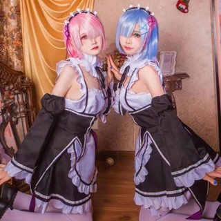 Re:zero Ram/Rem Cosplay Costume ขนาดพลัส เสื้อผ้าสตรี อนิเมะ โลกที่แตกต่างกันตั้งแต่เริ่มต้นชีวิต คอสเพลย์แม่บ้านแม่บ้านวิกผมครบชุด Maid Outfit Anime women Dress Lolita wig 从零开始异世界生活拉姆雷姆女仆装