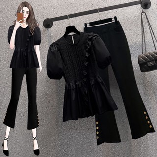 Large size thin bubble bubble short-sleeved top girl Xia 2023 fat sister foreign style underage shirt two pieces of suit trousers