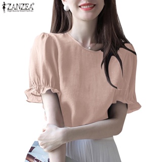 Zanzea เสื้อเบลาส์ คอกลม แขนสั้น แขนพัฟ ลําลอง สีพื้น สไตล์เกาหลี สําหรับผู้หญิง