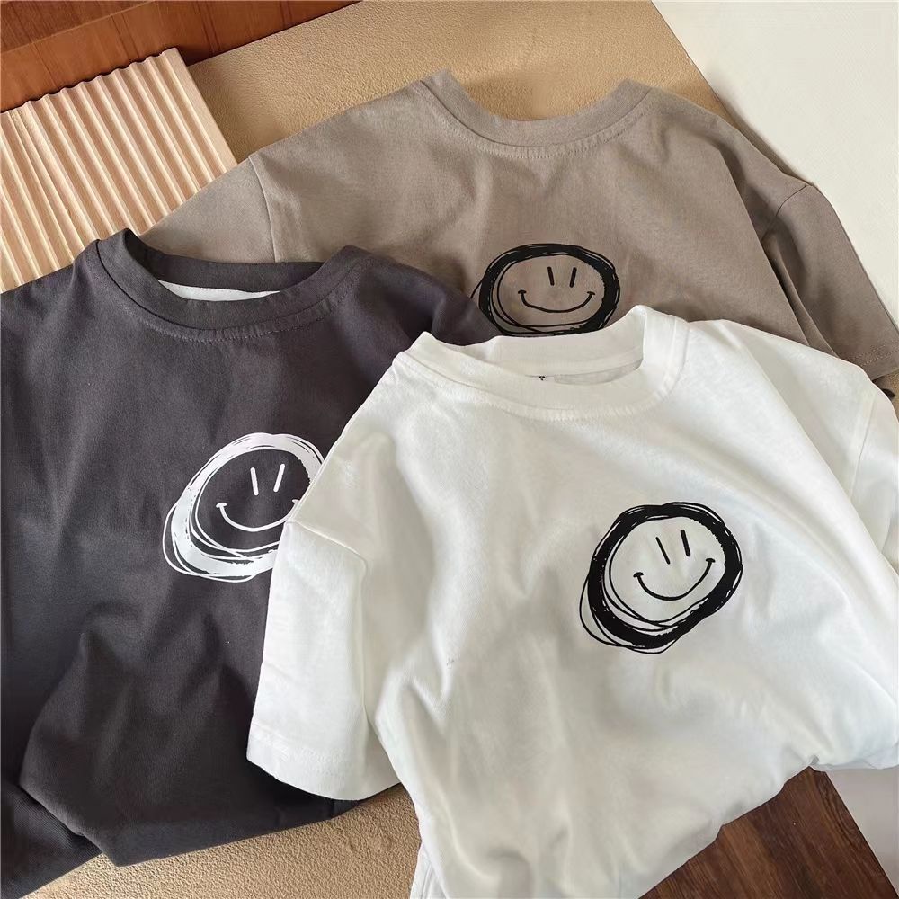 ฤดูร้อนเด็กชายและหญิงเสื้อยืด 3-5 ปีเด็กแขนสั้นยิ้มพิมพ์บางผ้าฝ้ายแท้เสื้อผ้าเด็ก