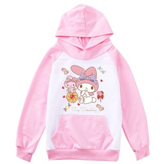 เสื้อกันหนาว มีฮู้ด ลายการ์ตูน Sanrio Kuromi My Melody สีชมพู แฟชั่นฤดูใบไม้ผลิ และฤดูใบไม้ร่วง สําหรับเด็กผู้หญิง